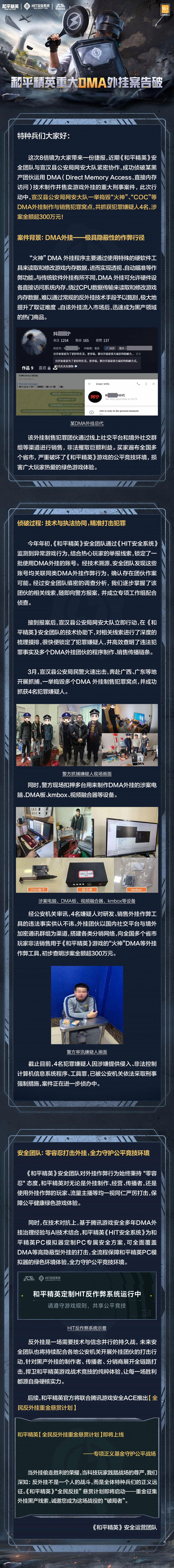 腾讯《和平精英》重大DMA外挂案件成功破获：逮捕4名嫌疑人，涉案金额超过300万元